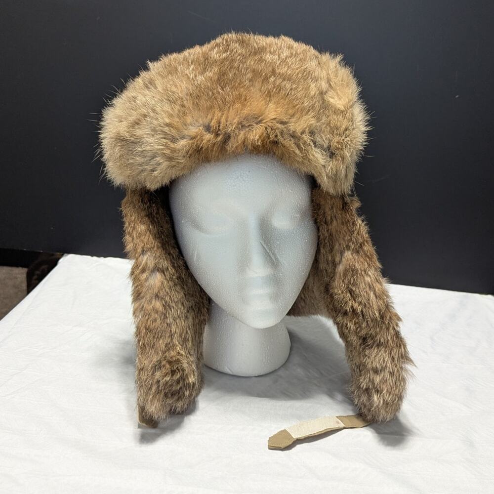 Vintage American Classics Rabbit Fur Trapper Hat Tan Brown 70s Bomber Ear Flaps